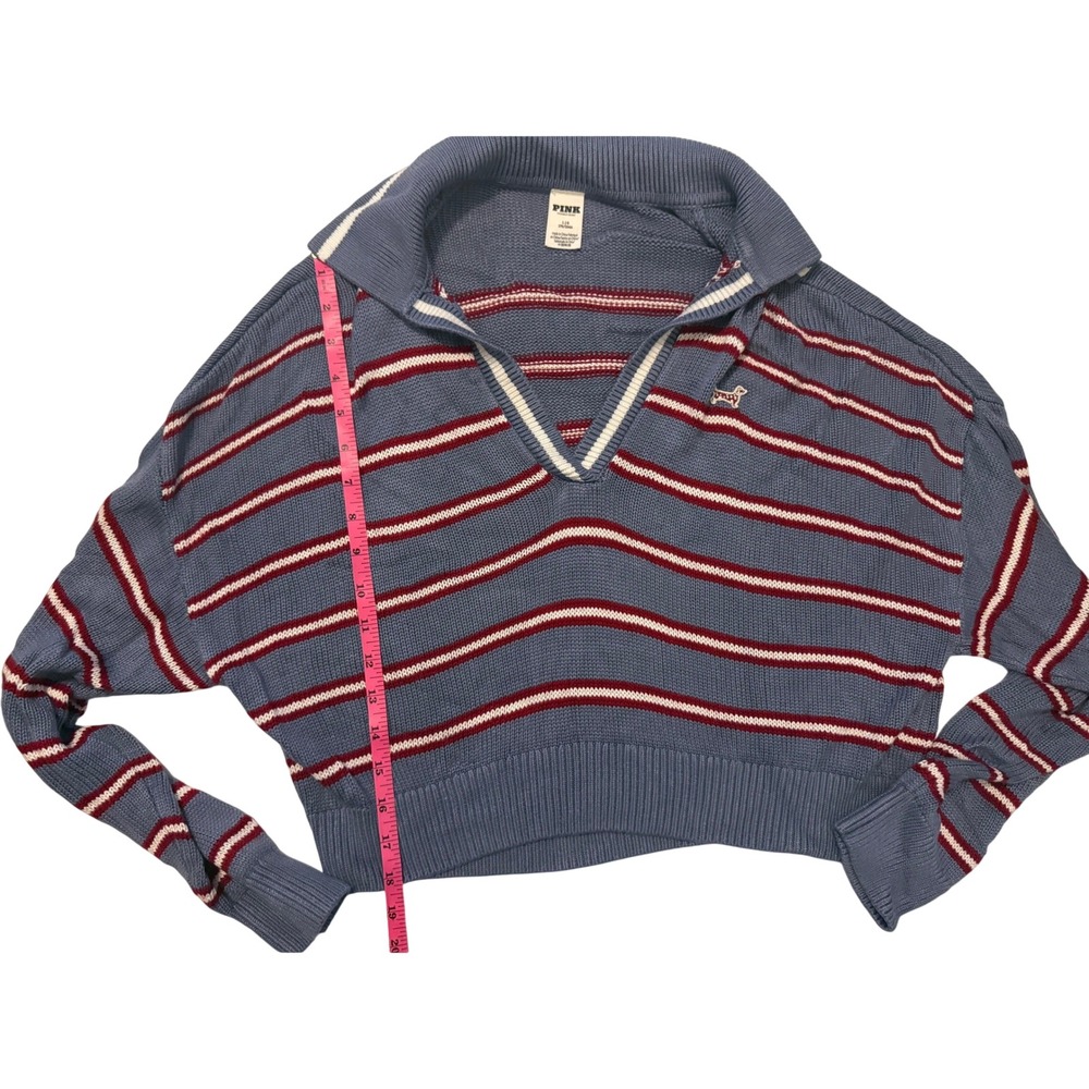 PINK Victorias Secret Cropped Polo Sweater Blue Striped Knit Pullover Large - Picture 5 of 5
